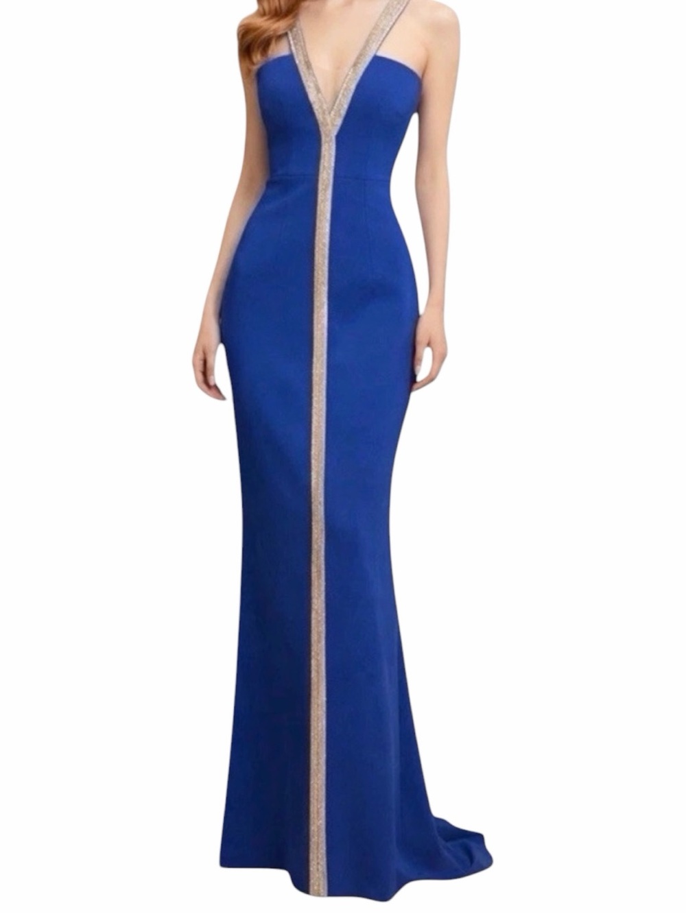 Safiyaa Azure Blue Silver Beaded Illusion Maxi Gown Sz 6 Designer Evening Dress